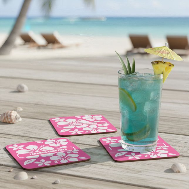 Tropiska Rosa Beach Flowers Underlägg Papper Kvadrat (tropical pink beach coasters)