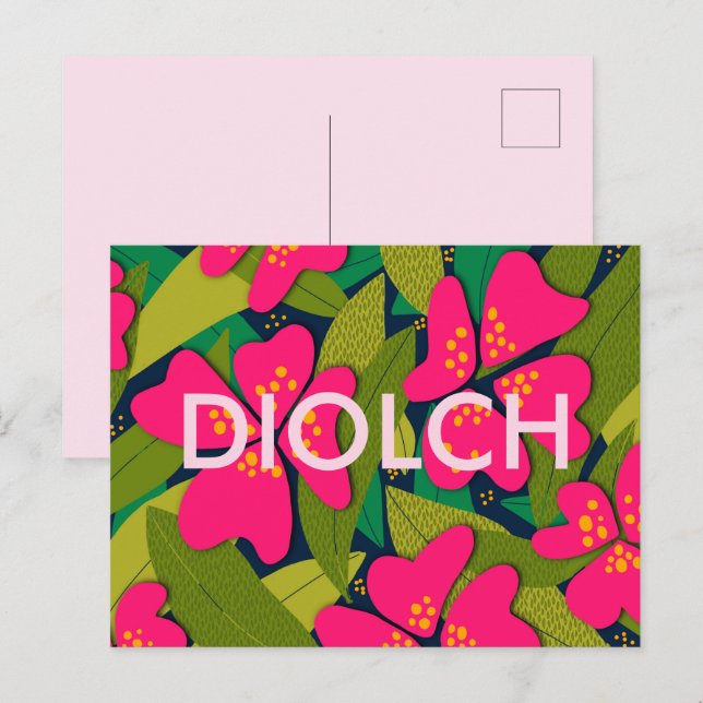 Tropiska rosa blommor Diolch Tack Vykort (Fram/baksida)