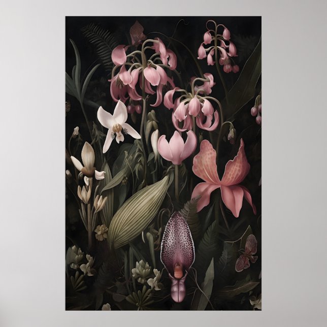 Tropiska Rosa Blommor Konsttryck, Mörk Akademia Poster (Framsidan)