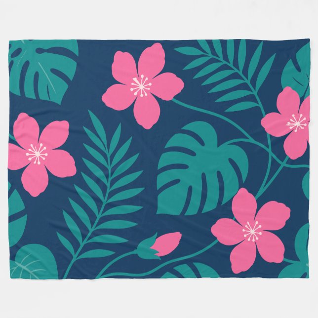 Tropiska rosa blommor och grön lövverk design fleecefilt (Framsidan (Horisontell))
