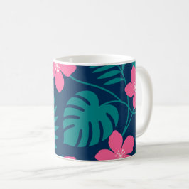 Tropiska rosa blommor och grön lövverk design kaffemugg