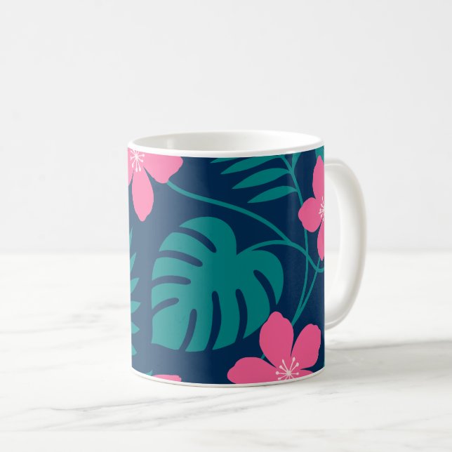 Tropiska rosa blommor och grön lövverk design kaffemugg (Framsida höger)