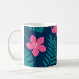 Tropiska rosa blommor och grön lövverk design kaffemugg