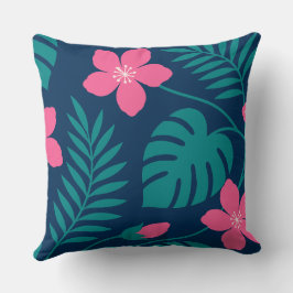 Tropiska rosa blommor och grön lövverk design kudde