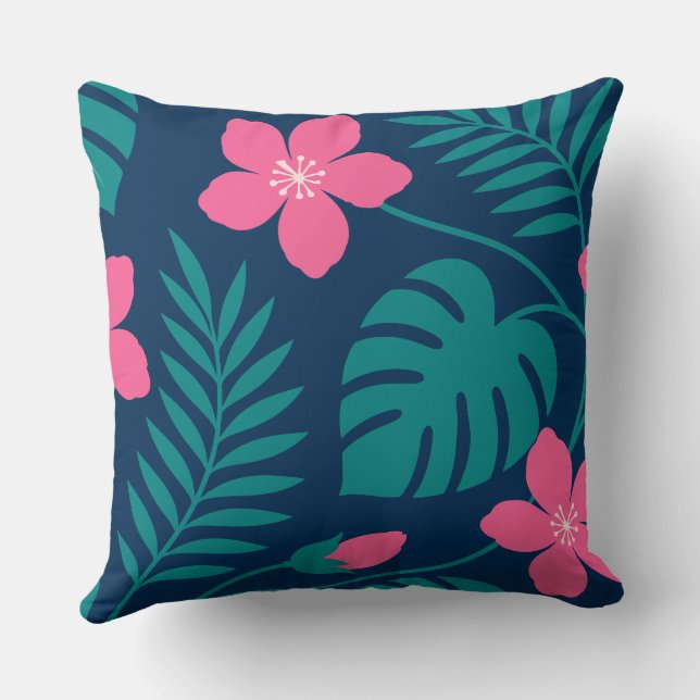Tropiska rosa blommor och grön lövverk design kudde (Baksida)