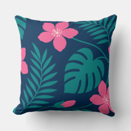 Tropiska rosa blommor och grön lövverk design kudde