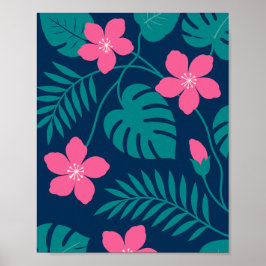 Tropiska rosa blommor och grön lövverk design poster