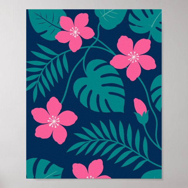 Tropiska rosa blommor och grön lövverk design poster (Framsidan)