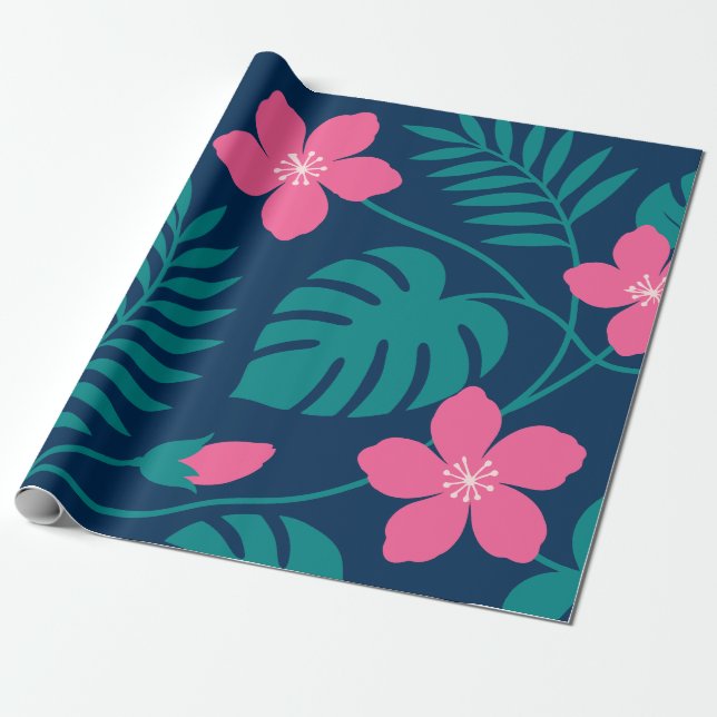 Tropiska rosa blommor och grön lövverk design presentpapper (Utrullad)