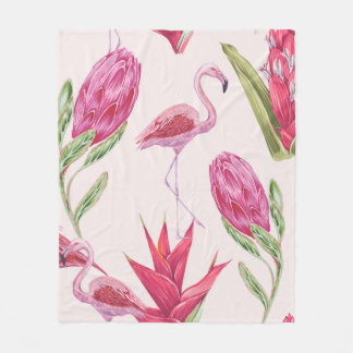 Tropiska rosa blommor, protea, paradisfågel fl fleecefilt