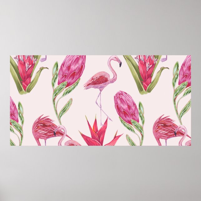 Tropiska rosa blommor, protea, paradisfågel fl poster (Framsidan)