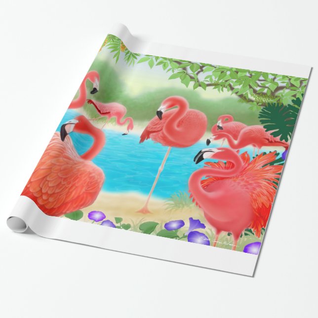 Tropiska rosa Flamingofåglar som slår in papper Presentpapper (Utrullad)