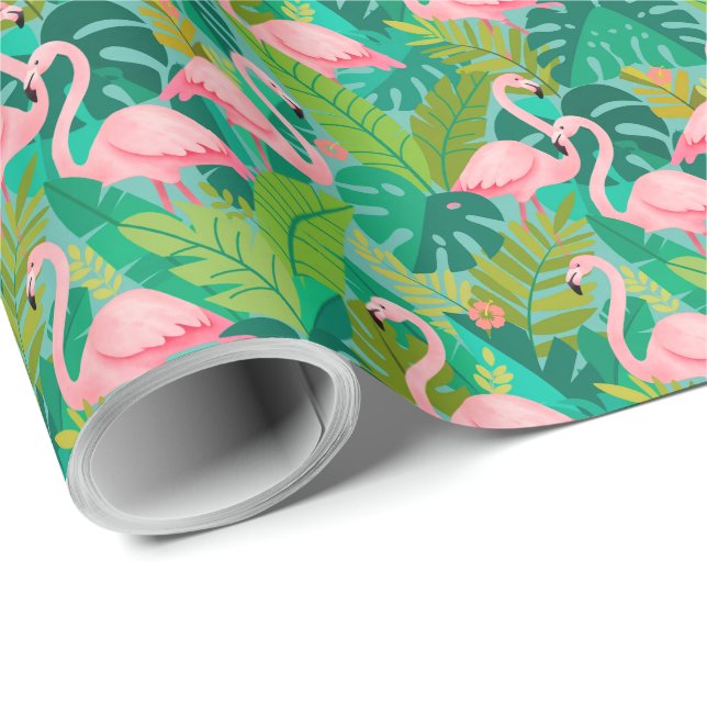 Tropiska rosa flamingos djungelbladverk presentpapper (Rullad Hörn)