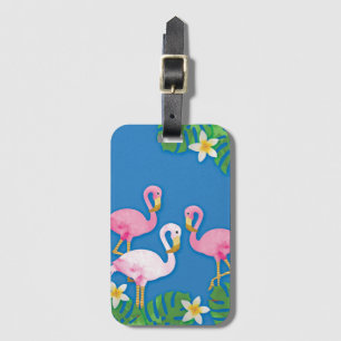 Tropiska rosa Flamingos på blått Bagagebricka