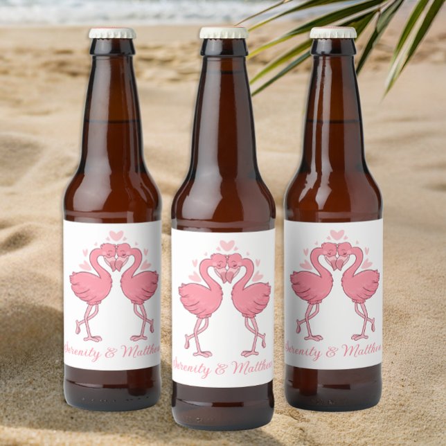 Tropiska Rosa Flamingos Sommar Strand Bröllop Ölflaska Etikett (Skapare uppladdad)