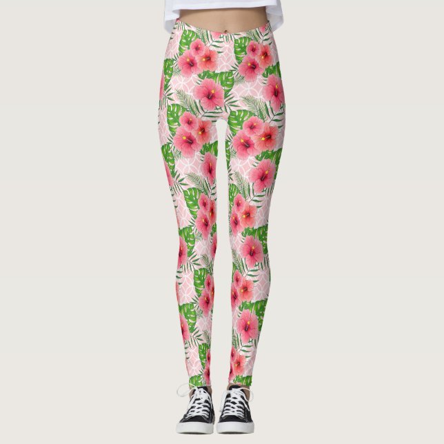 Tropiska Rosa Flowers Leggings (Framsida)