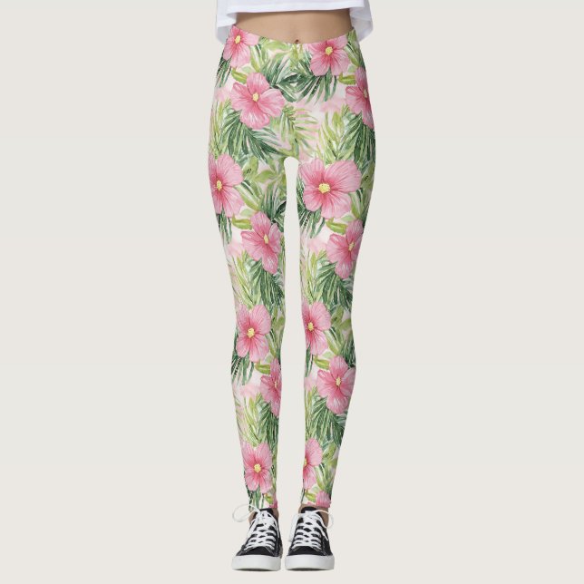 Tropiska Rosa Flowers Leggings (Framsida)