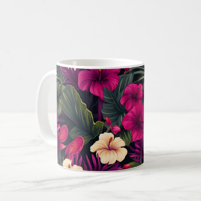 Tropiska Rosa Flowers Löv Mönster Kaffemugg (Framsida vänster)