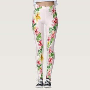 Tropiska rosa gula hibiskusblommor leggings
