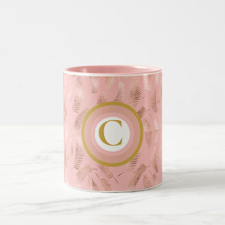 Tropiska rosa & gyllene bladmonogram Två-Tonad mugg