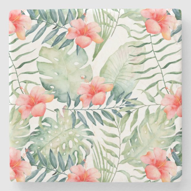 Tropiska rosa hibiskusvattenfärgblommor stenunderlägg (Framsidan)