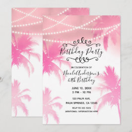 Tropiska rosa palmer och ljus födelsedagsfest inbjudningar