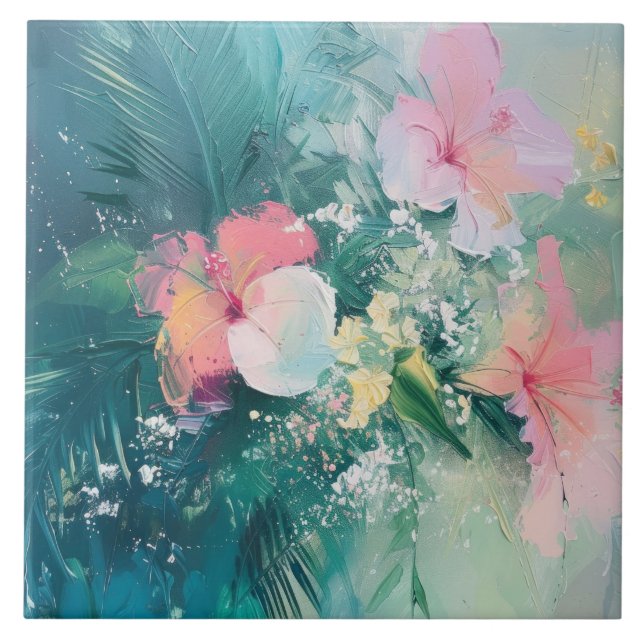 Tropiska Rosa Vit Gult Blommigt Kakelplatta (Framsidan)