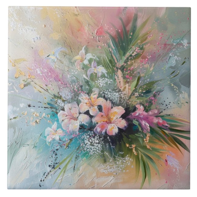 Tropiska Rosa White Flowers Kakelplatta (Framsidan)