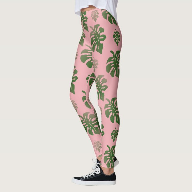Tropiska Rosan Botaniska Monstera Löv Mönster Leggings (Vänster)