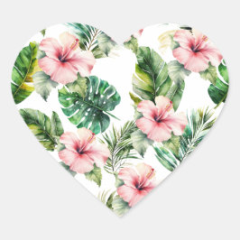 Tropiska Rosan Hibiscus Flowers Hjärtformat Klistermärke