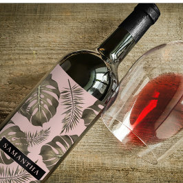 Tropiska Rosan och Guld Handflatan Löven Mönster & Vinflaska Etikett