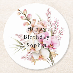 Tropiska Rosan White Orchid Flowers Birthday Underlägg Papper Rund
