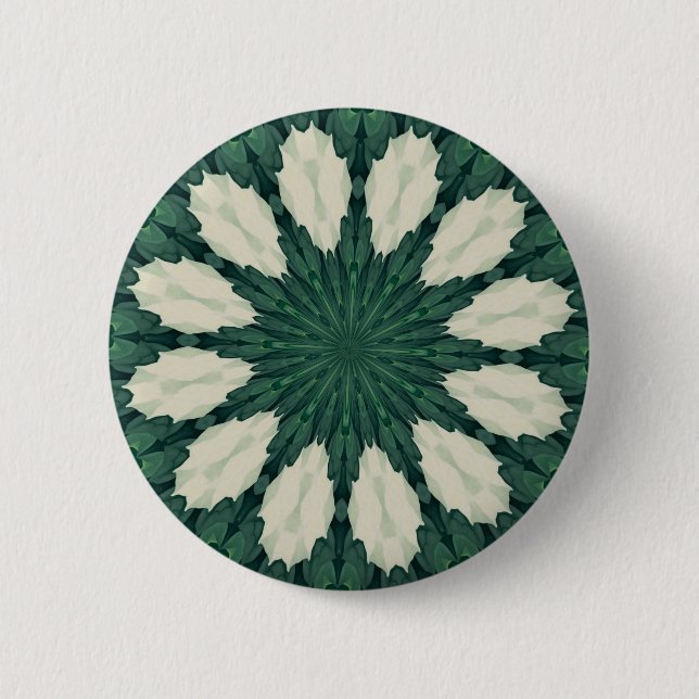 Tropiska Sacramento Grön och Silver Leaf Mandala. Knapp (Framsida)