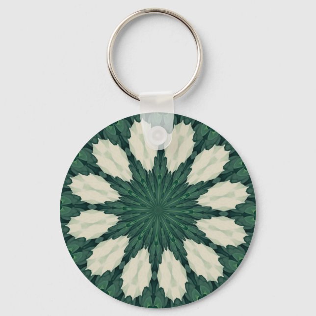 Tropiska Sacramento Grön och Silver Leaf Mandala. Nyckelring (Framsida)