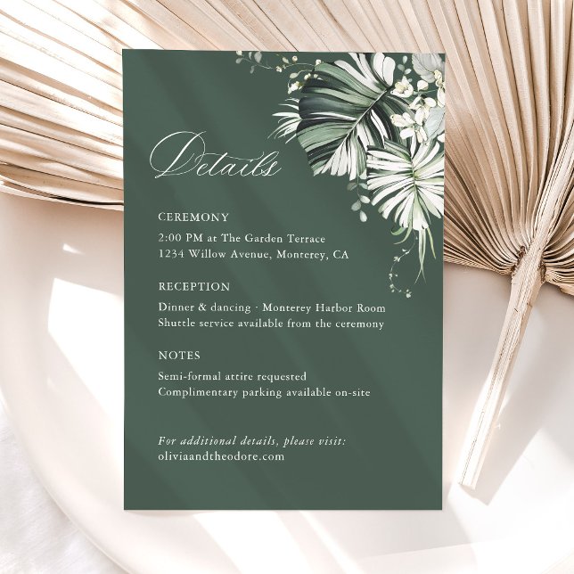 Tropiska Sagegröna Monstera Bröllopsdetaljer, Info Tilläggskort (Tropical wedding details card sage green monstera information insert card destination beach card)