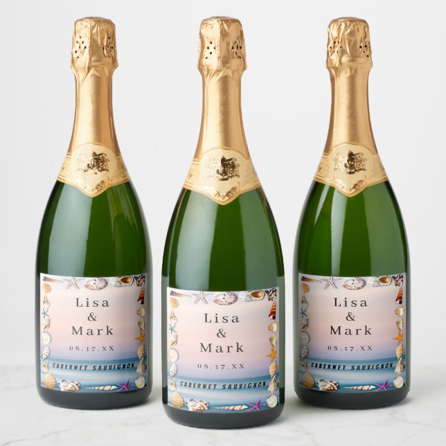 Tropiska Sandy Beach och Seashells Vin-etiketter (Flaskor)