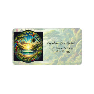Tropiska Shoreline Macaws Handflatan Träd Exotic P Adressetikett