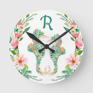 Tropiska sjöfärgsfärgade Blommigten Monogrammed Rund Klocka