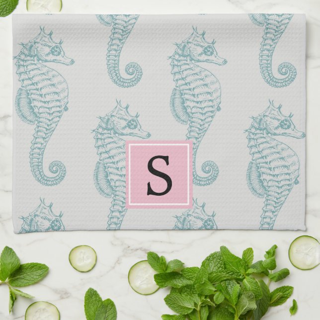 Tropiska sjöhästar, Seahorse Mönster, Monogram Kökshandduk (Vikta)