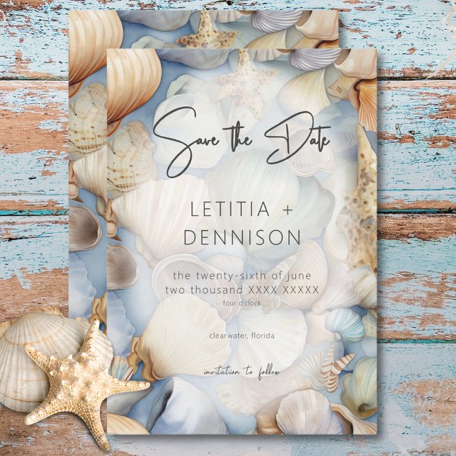 Tropiska snäckskal scen Modern bröllop Spara Datumet (Tropical Seashells Scene Modern Wedding Save The Date)