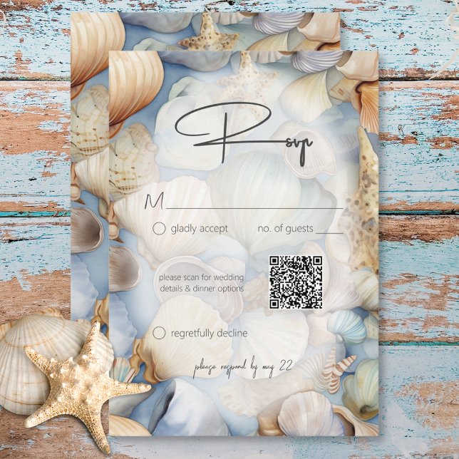 Tropiska snigelskal scen modern bröllops QR-kod OSA Kort (Tropical Seashells Scene Modern Wedding QR Code RSVP Card)