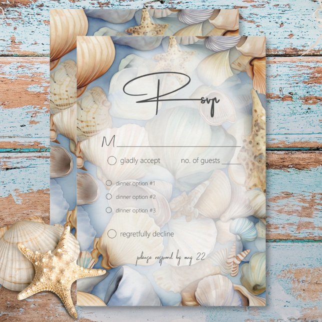 Tropiska snigelskal scen Modern bröllopsmiddag OSA Kort (Tropical Seashells Scene Modern Wedding Dinner RSVP Card)