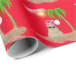 tropiska snögubbe med handflatan träd presentpapper<br><div class="desc">Sand snögubbe med rött och vitt strumplock och solglasögon. Jul ljus på handflatan träd med ljussolljus genom vita fluffa moln på röd bakgrund. Bakgrund färg kan redigeras.</div>