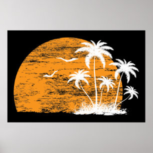 Tropiska sol, handflatan träd och fåglar poster ut