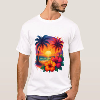 Tropiska solnedgången med Handflatan Träd och Hibi T Shirt