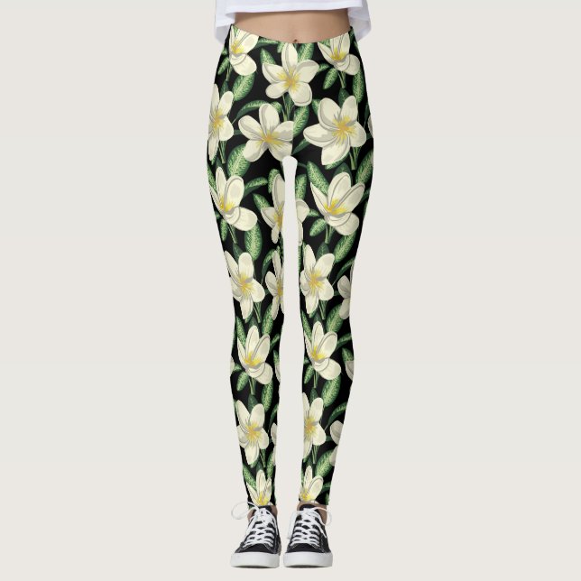 Tropiska sömlösa vitblommor från mönster grönten l leggings (Framsida)