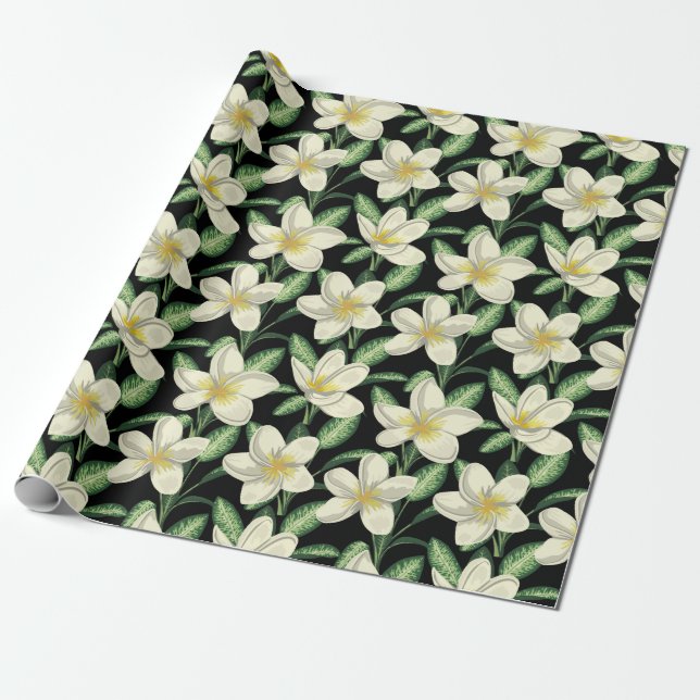 Tropiska sömlösa vitblommor från mönster grönten l presentpapper (Utrullad)
