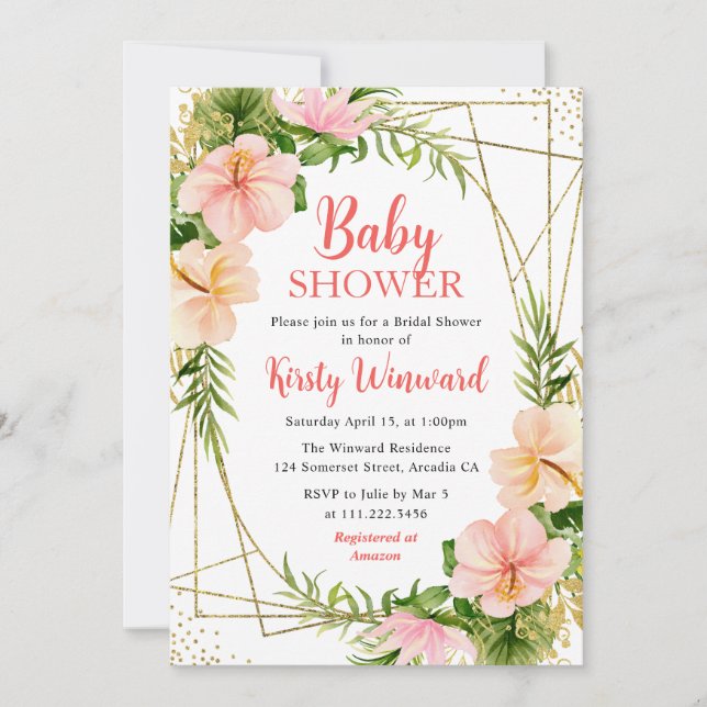 Tropiska sommarblommor & Guld ram Baby Shower Inbjudningar (Framsida)