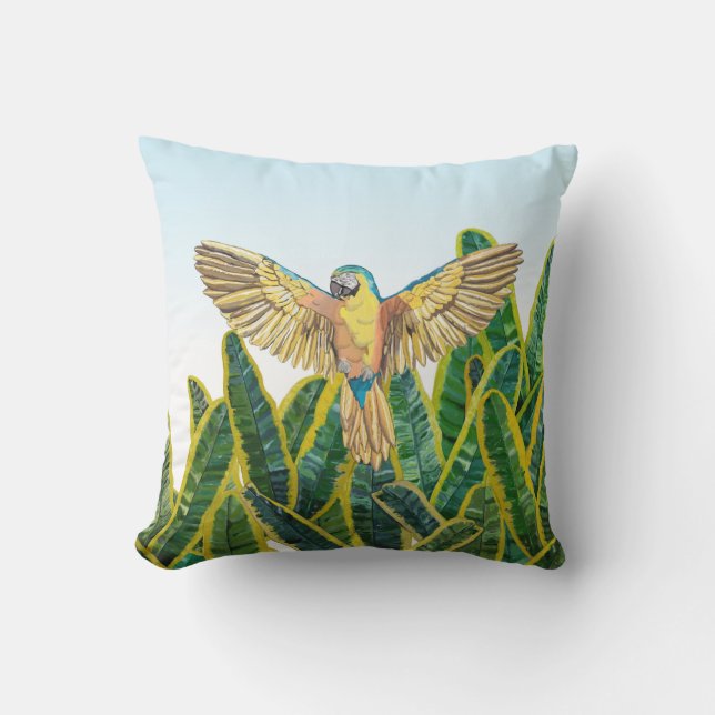 Tropiska sommarens Gult Parrot Bird Banana Lövs Kudde (Framsida)