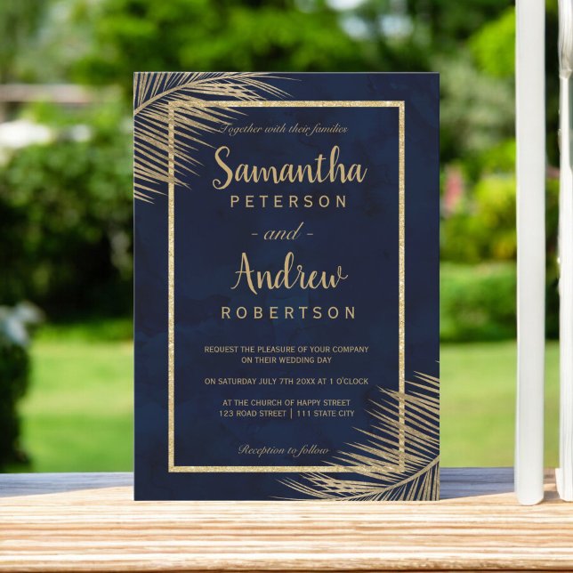 Tropiska stranden guld handflatan träd, marinblå b inbjudningar (Tropical gold palm tree beach navy blue wedding 2 invitation)